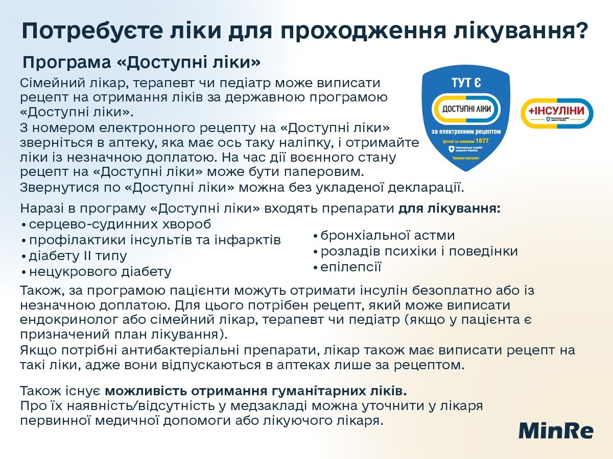 Інформація для внутрішньо переміщених осіб про можливість отримання безоплатних ліків та медичної допомоги